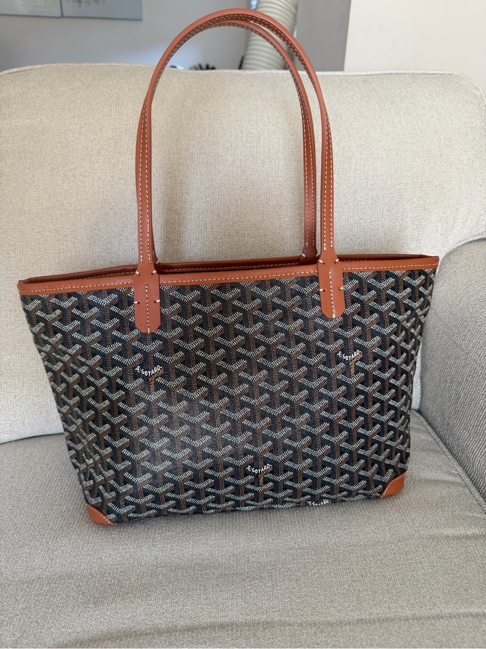 Brown Patterned Tote Bag with Tan Leather Trim